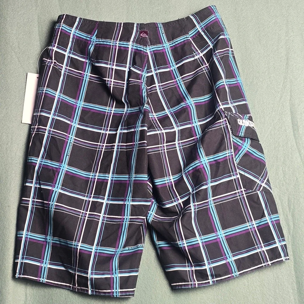 Quiksilver‎ Boys Plaid Board Shorts Black Teal Purple Swim Trunks Size 10 NEW